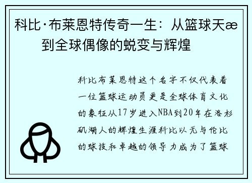 科比·布莱恩特传奇一生：从篮球天才到全球偶像的蜕变与辉煌