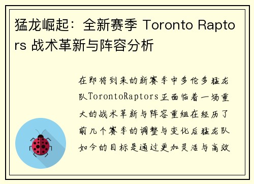 猛龙崛起：全新赛季 Toronto Raptors 战术革新与阵容分析