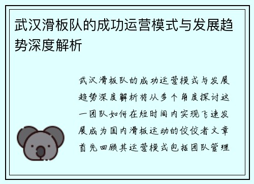 武汉滑板队的成功运营模式与发展趋势深度解析